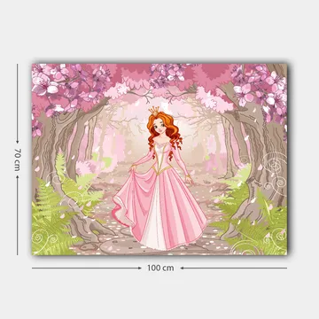 Lerretsbilde 70x100 cm - Prinsesse i rosa kjole som går gjennom en blomstrende skog - Rosa / Grønn / Brun - Interiør - Maleri & posters - Lerretsbilder