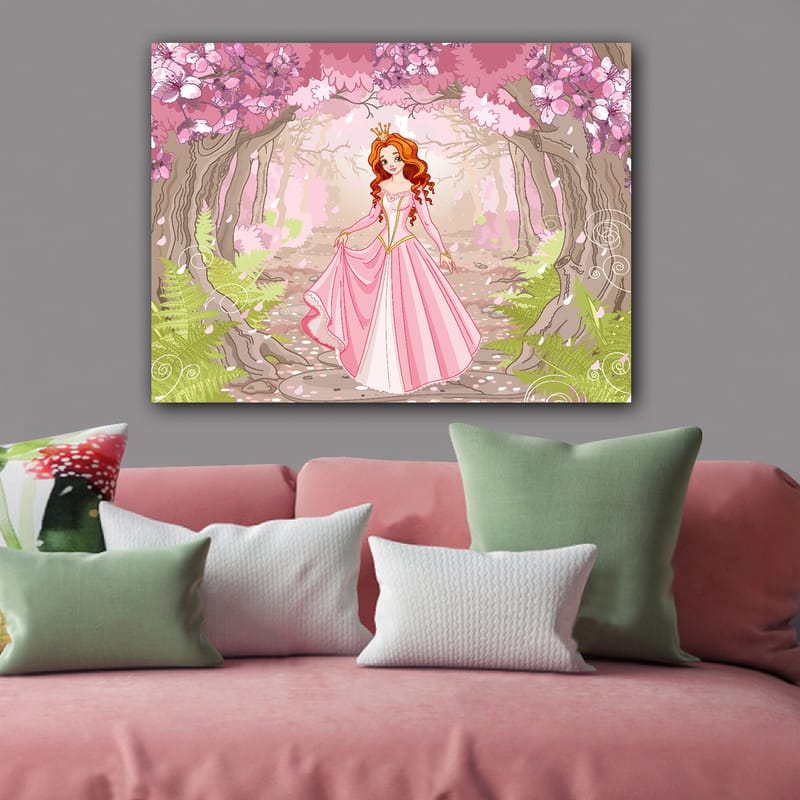 Lerretsbilde 70x100 cm - Prinsesse i rosa kjole som går gjennom en blomstrende skog - Rosa / Grønn / Brun - Interiør - Maleri & posters - Lerretsbilder