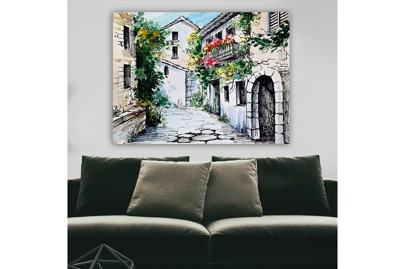 Lerretsbilde 70x100 cm - Pittoresk smug med sjarmerende hus og blomstrende balkonger - Grønn / Beige / Rød - Interiør - Maleri & posters - Lerretsbilder