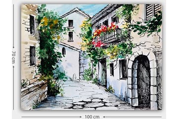 Lerretsbilde 70x100 cm - Pittoresk smug med sjarmerende hus og blomstrende balkonger - Grønn / Beige / Rød - Interiør - Maleri & posters - Lerretsbilder