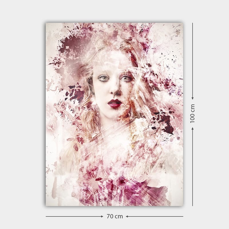 Lerretsbilde 70x100 cm - Portrett av en kvinne med dramatiske fargetoner og abstrakte elementer - Dyp rød / Lys rosa / Hvit - Interiør - Maleri & posters - Lerretsbilder