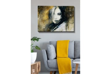 Lerretsbilde 70x100 cm - Portrett av en kvinne med et mystisk og intenst blikk - Mørk blå / Beige / Hvit - Interiør - Maleri & posters - Lerretsbilder