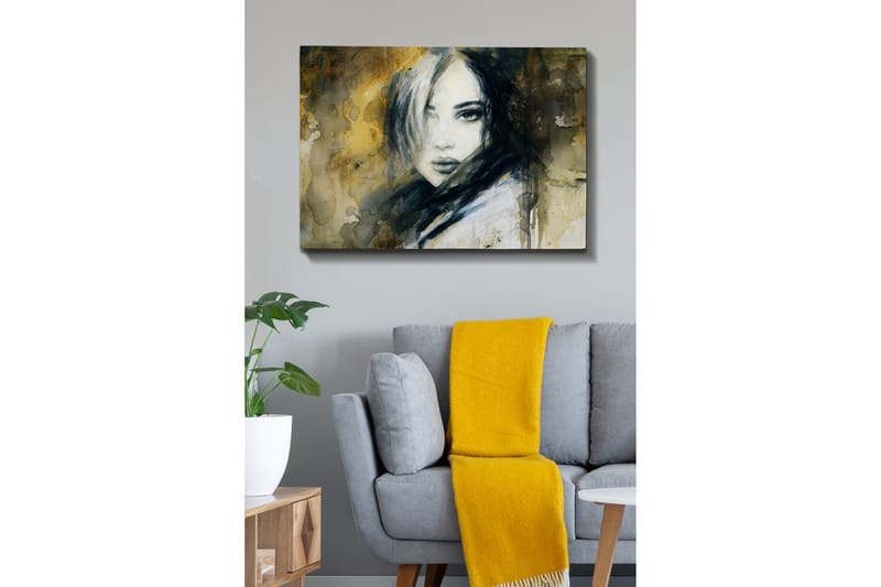 Lerretsbilde 70x100 cm - Portrett av en kvinne med et mystisk og intenst blikk - Mørk blå / Beige / Hvit - Interiør - Maleri & posters - Lerretsbilder