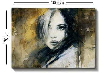 Lerretsbilde 70x100 cm - Portrett av en kvinne med et mystisk og intenst blikk - Mørk blå / Beige / Hvit - Interiør - Maleri & posters - Lerretsbilder