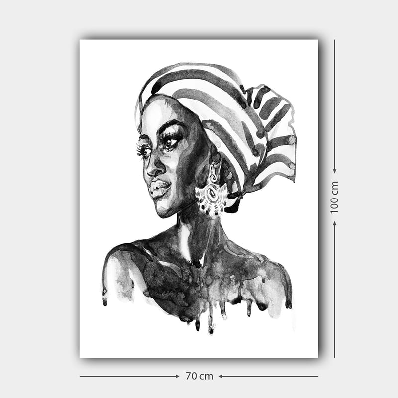 Lerretsbilde 70x100 cm - Portrett av en kvinne med mønstret hodeskjerf og elegante smykker - Svart / Hvit - Interiør - Maleri & posters - Lerretsbilder