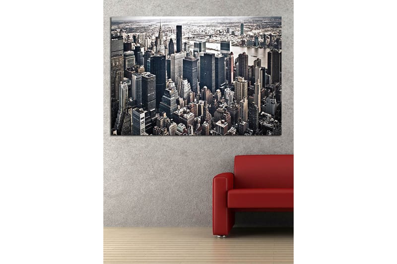 Lerretsbilde 70x100 cm - Panoramautsikt over en by med høye skyskrapere og et livlig bybilde - Svart / Grå / Hvit - Interiør - Maleri & posters - Lerretsbilder