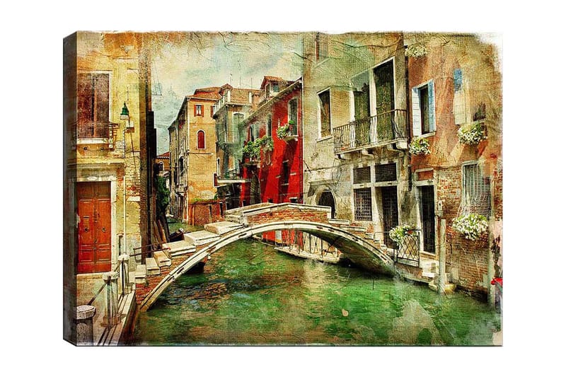 Lerretsbilde 70x100 cm - Pittoresk kanal med en bro omgitt av fargerike bygninger i Venezia, Rød / Grønn / Beige