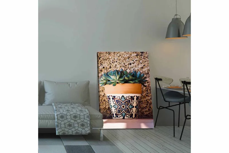 Lerretsbilde 70x100 cm - Potte med sukkulenter i dekorativt design, Grønn / Terrakotta / Svart