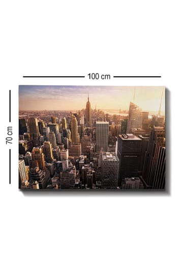 Lerretsbilde 70x100 cm - Panoramautsikt over en by med skyskrapere og den ikoniske Empire State Building ved solnedgang - Gull / Grå / Blå - Interiør - Maleri & posters - Lerretsbilder