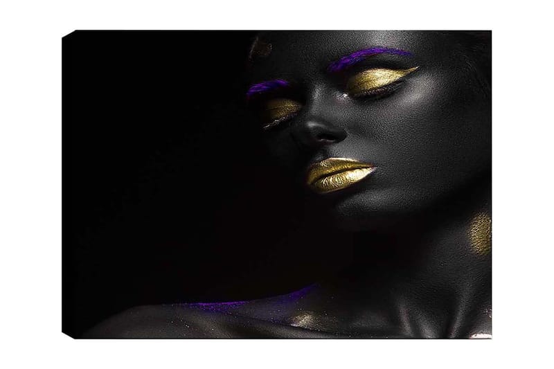 Lerretsbilde 70x100 cm - Portrett av en kvinne med svart hud og gylne lepper, fremhevet med lilla detaljer, Svart / Gull / Lilla