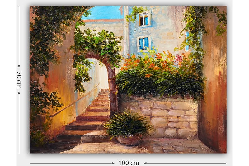 Lerretsbilde 70x100 cm - Pittoresk smug med trapper omgitt av grøntområder og blomster - Grønn / Beige / Oransje - Interiør - Maleri & posters - Lerretsbilder