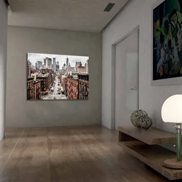 Lerretsbilde 70x100 cm - Panoramautsikt over en by med høye bygninger og travle gater - Mørk rød / Grå / Beige - Interiør - Maleri & posters - Lerretsbilder