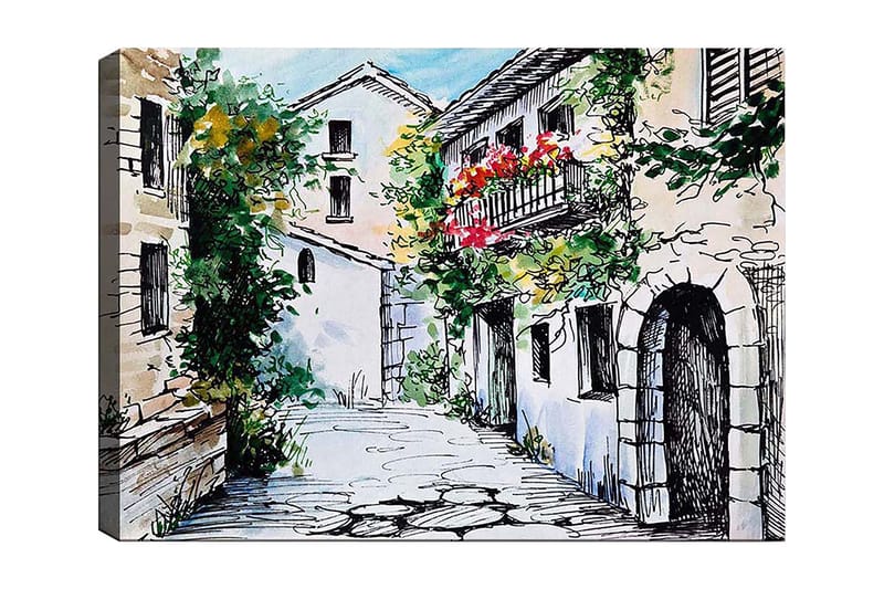 Lerretsbilde 70x100 cm - Pittoresk smug med sjarmerende hus og blomstrende balkonger, Grønn / Beige / Rød