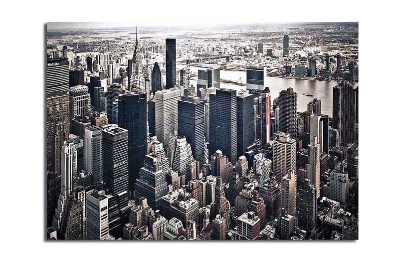 Lerretsbilde 70x100 cm - Panoramautsikt over en by med høye skyskrapere og et livlig bybilde, Svart / Grå / Hvit