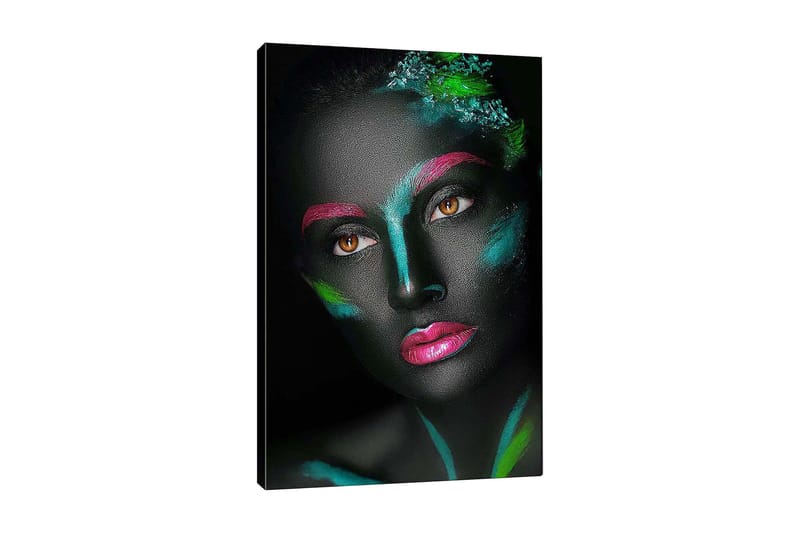 Lerretsbilde 70x100 cm - Portrett av en kvinne med fargerik ansiktsmaling på svart bakgrunn, Svart / Rosa / Grønn