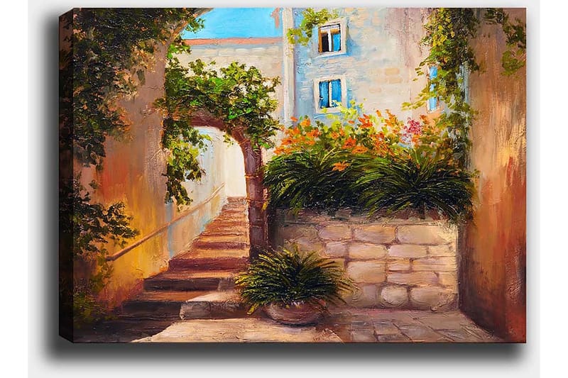 Lerretsbilde 70x100 cm - Pittoresk smug med trapper omgitt av grøntområder og blomster - Grønn / Beige / Oransje - Interiør - Maleri & posters - Lerretsbilder
