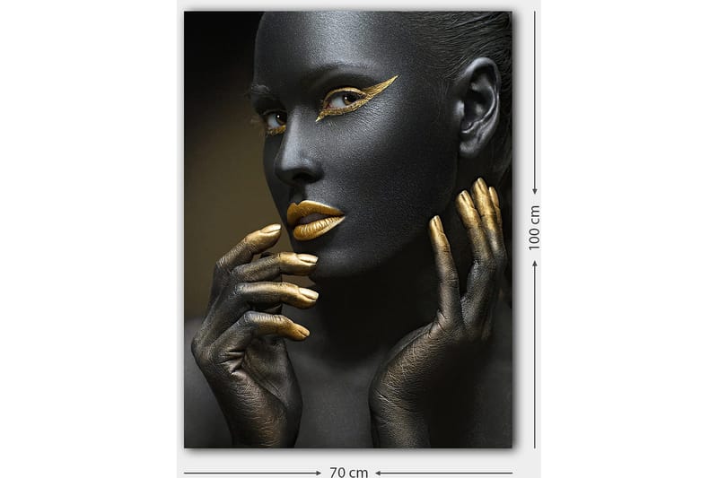 Lerretsbilde 70x100 cm - Portrett av en kvinne med svart ansiktsmaling og gylne detaljer - Svart / Gull - Interiør - Maleri & posters - Lerretsbilder