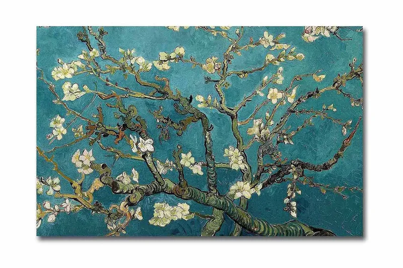 Lerretsbilde 70x45 cm - Blomstrende kvister mot turkis bakgrunn, Turkis / Hvit / Mørkegrønn