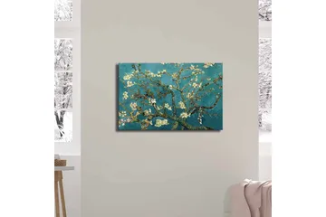 Lerretsbilde 70x45 cm - Blomstrende kvister mot turkis bakgrunn - Turkis / Hvit / Mørkegrønn - Interiør - Maleri & posters - Lerretsbilder