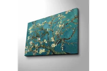 Lerretsbilde 70x45 cm - Blomstrende kvister mot turkis bakgrunn - Turkis / Hvit / Mørkegrønn - Interiør - Maleri & posters - Lerretsbilder