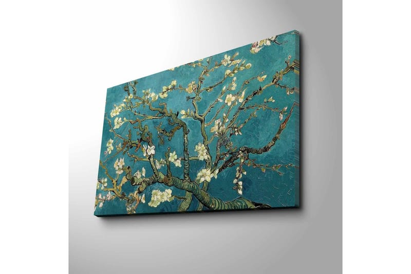 Lerretsbilde 70x45 cm - Blomstrende kvister mot turkis bakgrunn - Turkis / Hvit / Mørkegrønn - Interiør - Maleri & posters - Lerretsbilder