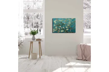 Lerretsbilde 70x45 cm - Blomstrende kvister mot turkis bakgrunn - Turkis / Hvit / Mørkegrønn - Interiør - Maleri & posters - Lerretsbilder