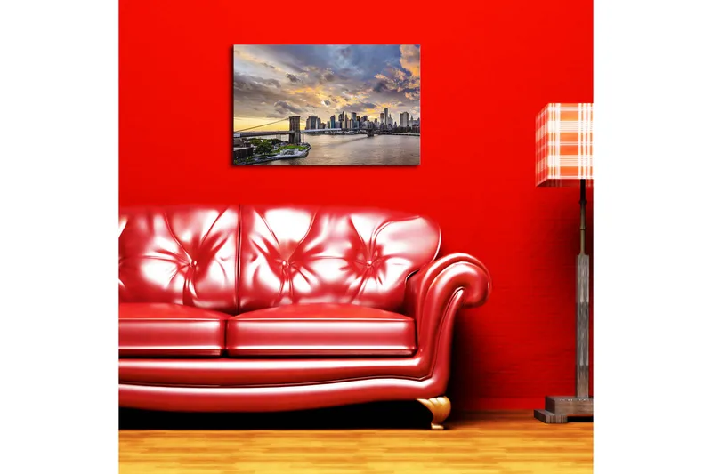 Lerretsbilde 70x45 cm - Bysilhuett ved solnedgang over vann - Blå / Oransje / Grå - Interiør - Maleri & posters - Lerretsbilder