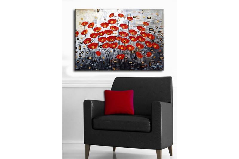 Lerretsbilde 70x45 cm - Fargerik bukett med valmuer i rød fargetone - Rød / Svart / Grå - Interiør - Maleri & posters - Lerretsbilder