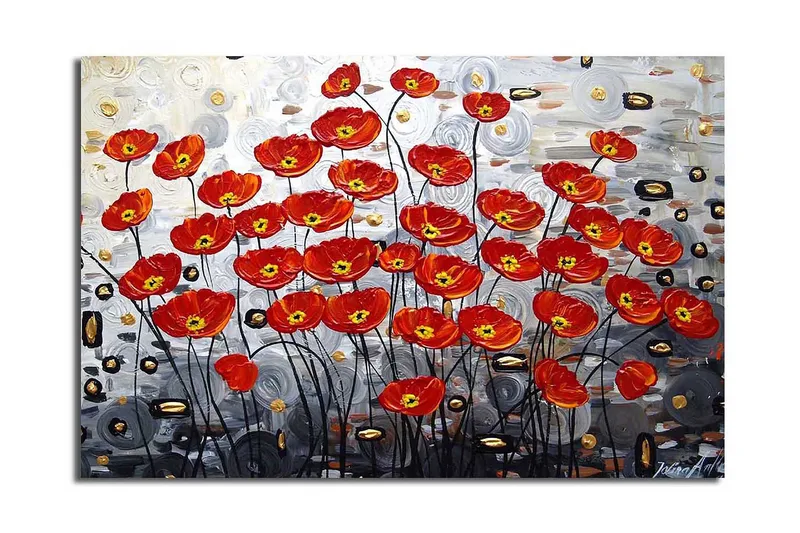 Lerretsbilde 70x45 cm - Fargerik bukett med valmuer i rød fargetone - Rød / Svart / Grå - Interiør - Maleri & posters - Lerretsbilder