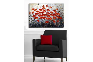 Lerretsbilde 70x45 cm - Fargerik bukett med valmuer i rød fargetone - Rød / Svart / Grå - Interiør - Maleri & posters - Lerretsbilder