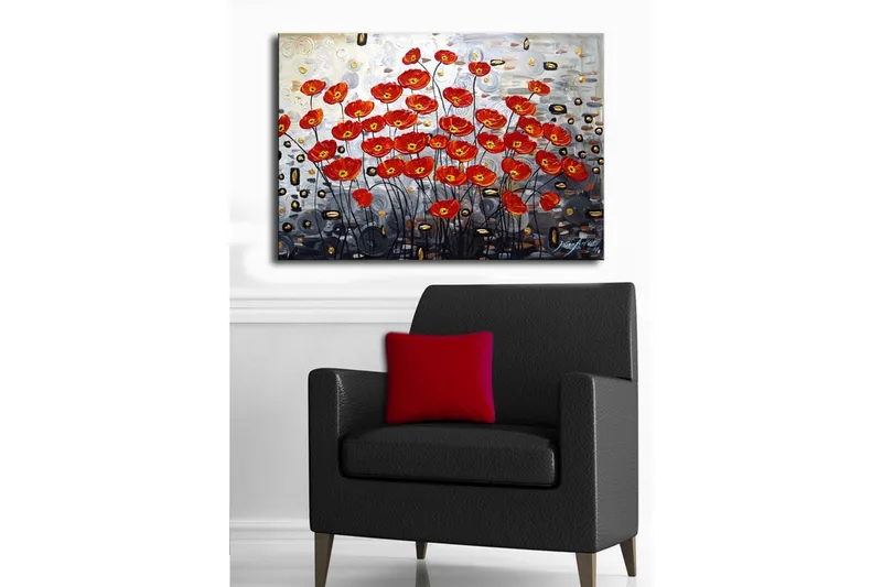Lerretsbilde 70x45 cm - Fargerik bukett med valmuer i rød fargetone - Rød / Svart / Grå - Interiør - Maleri & posters - Lerretsbilder