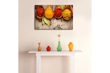 Lerretsbilde 70x45 cm - Fargerike krydder i treskjeer - Rød / Gul / Oransje - Interiør - Maleri & posters - Lerretsbilder