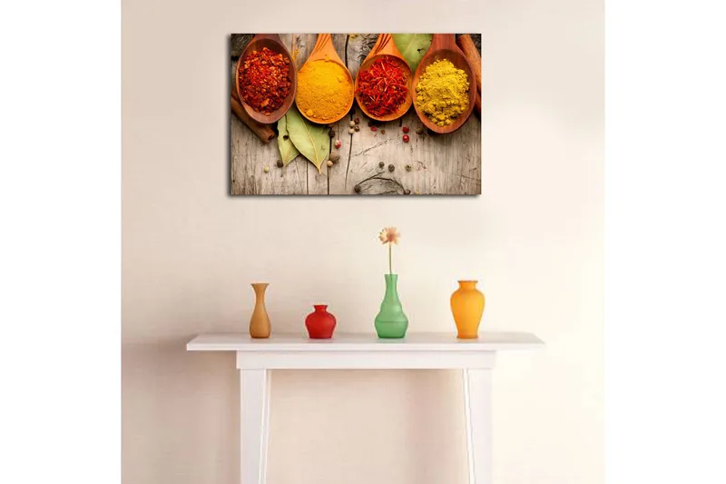 Lerretsbilde 70x45 cm - Fargerike krydder i treskjeer - Rød / Gul / Oransje - Interiør - Maleri & posters - Lerretsbilder