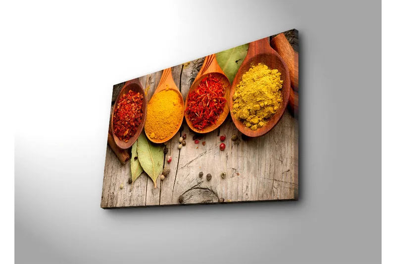 Lerretsbilde 70x45 cm - Fargerike krydder i treskjeer - Rød / Gul / Oransje - Interiør - Maleri & posters - Lerretsbilder