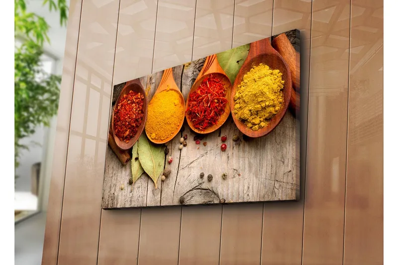 Lerretsbilde 70x45 cm - Fargerike krydder i treskjeer - Rød / Gul / Oransje - Interiør - Maleri & posters - Lerretsbilder