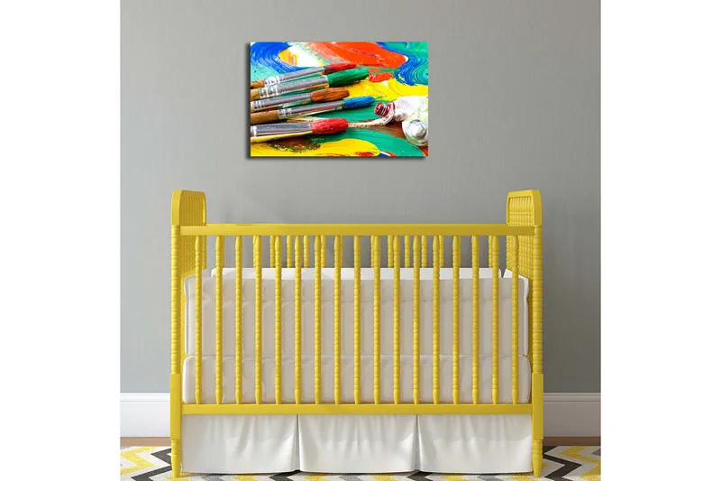 Lerretsbilde 70x45 cm - Fargerike pensler og fargepalett i livlige nyanser - Rød / Grønn / Gul - Interiør - Maleri & posters - Lerretsbilder