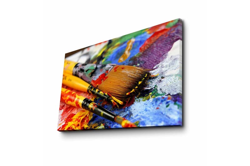 Lerretsbilde 70x45 cm - Fargerike pensler og palett med maling - Blå / Rød / Gul - Interiør - Maleri & posters - Lerretsbilder