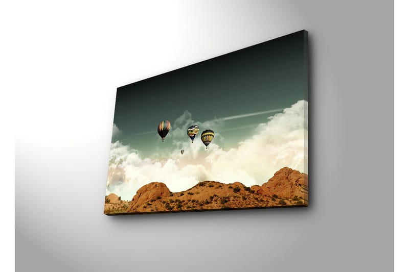 Lerretsbilde 70x45 cm - Flere varmluftsballonger som svever over en dramatisk himmel og et fjellandskap - Mørk blå / Beige / Hvit - Interiør - Maleri & posters - Lerretsbilder