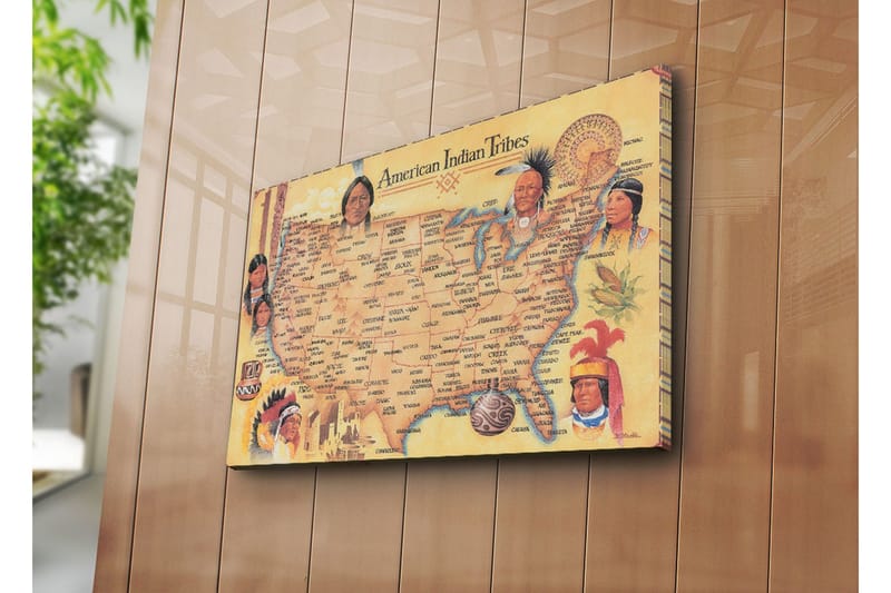 Lerretsbilde 70x45 cm - Kart over amerikanske indianerstammer med portretter av forskjellige stammer - Gul / Brun / Rød - Interiør - Maleri & posters - Lerretsbilder
