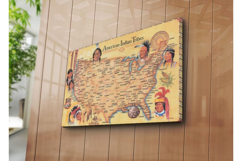 Lerretsbilde 70x45 cm - Kart over amerikanske indianerstammer med portretter av forskjellige stammer - Gul / Brun / Rød - Interiør - Maleri & posters - Lerretsbilder