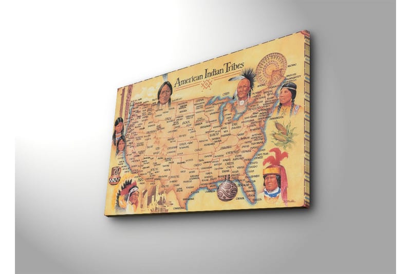 Lerretsbilde 70x45 cm - Kart over amerikanske indianerstammer med portretter av forskjellige stammer - Gul / Brun / Rød - Interiør - Maleri & posters - Lerretsbilder