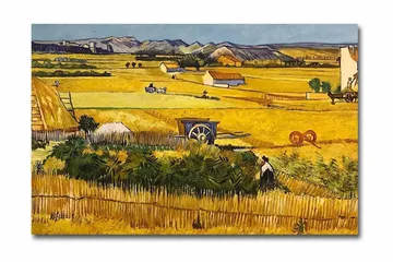 Lerretsbilde 70x45 cm - Landlig scene med høstarbeidere på en gyllen åker - Gul / Grønn / Brun - Interiør - Maleri & posters - Lerretsbilder