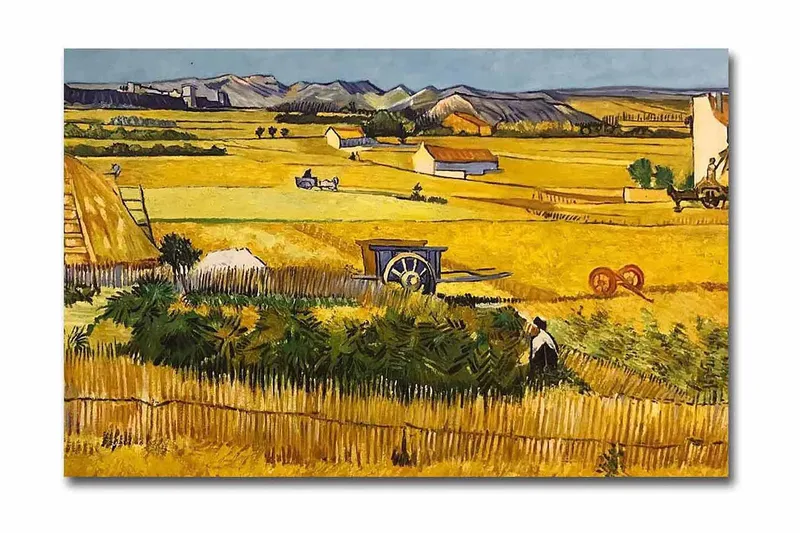 Lerretsbilde 70x45 cm - Landlig scene med høstarbeidere på en gyllen åker - Gul / Grønn / Brun - Interiør - Maleri & posters - Lerretsbilder