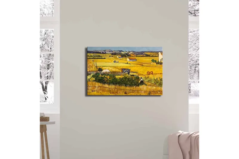 Lerretsbilde 70x45 cm - Landlig scene med høstarbeidere på en gyllen åker - Gul / Grønn / Brun - Interiør - Maleri & posters - Lerretsbilder