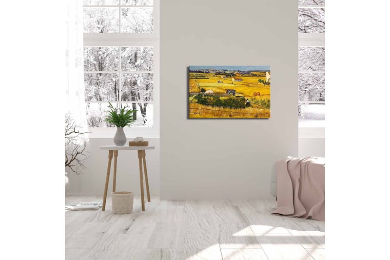 Lerretsbilde 70x45 cm - Landlig scene med høstarbeidere på en gyllen åker - Gul / Grønn / Brun - Interiør - Maleri & posters - Lerretsbilder
