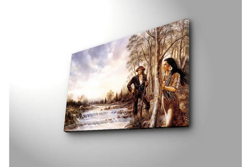 Lerretsbilde 70x45 cm - Mann i naturen med en kvinne og en mann i tradisjonelle klær ved en elv - Brun / Grønn / Blå - Interiør - Maleri & posters - Lerretsbilder