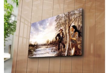 Lerretsbilde 70x45 cm - Mann i naturen med en kvinne og en mann i tradisjonelle klær ved en elv - Brun / Grønn / Blå - Interiør - Maleri & posters - Lerretsbilder