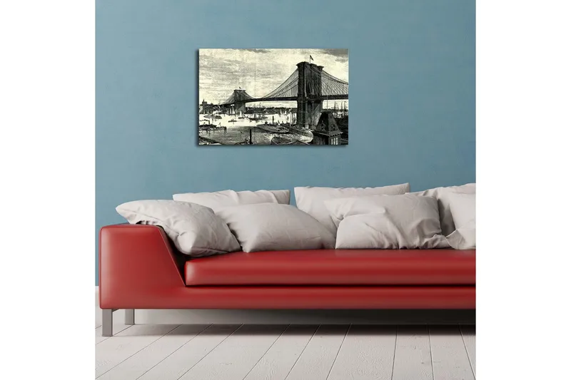 Lerretsbilde 70x45 cm - Oversikt over bro med bysilhuett og båter i vannet - Svart / Grå / Hvit - Interiør - Maleri & posters - Lerretsbilder