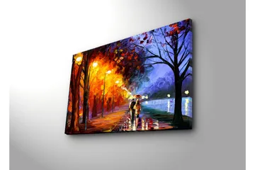 Lerretsbilde 70x45 cm - Romantisk spasertur i regnet med paraplyer i et fargerikt høstmiljø - Oransje / Blå / Gul - Interiør - Maleri & posters - Lerretsbilder