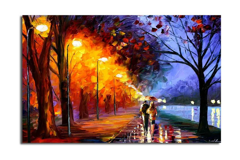 Lerretsbilde 70x45 cm - Romantisk spasertur i regnet med paraplyer i et fargerikt høstmiljø, Oransje / Blå / Gul